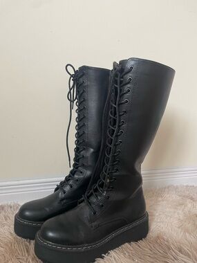 Black Lace-Up Platform Knee-High Boots